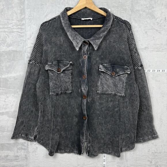 Bucketlist Waffle Knit Button-Up Shirt Black Acid Wash Oversized Size Medium USA - Picture 1 of 8